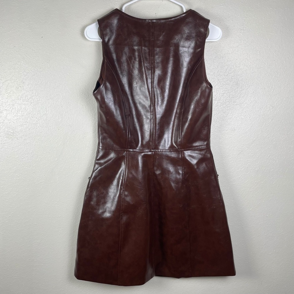 FuTrio Brown Faux Leather Zip Front Mini Dress Sleeveless Moto Cargo Womens S - Picture 3 of 6